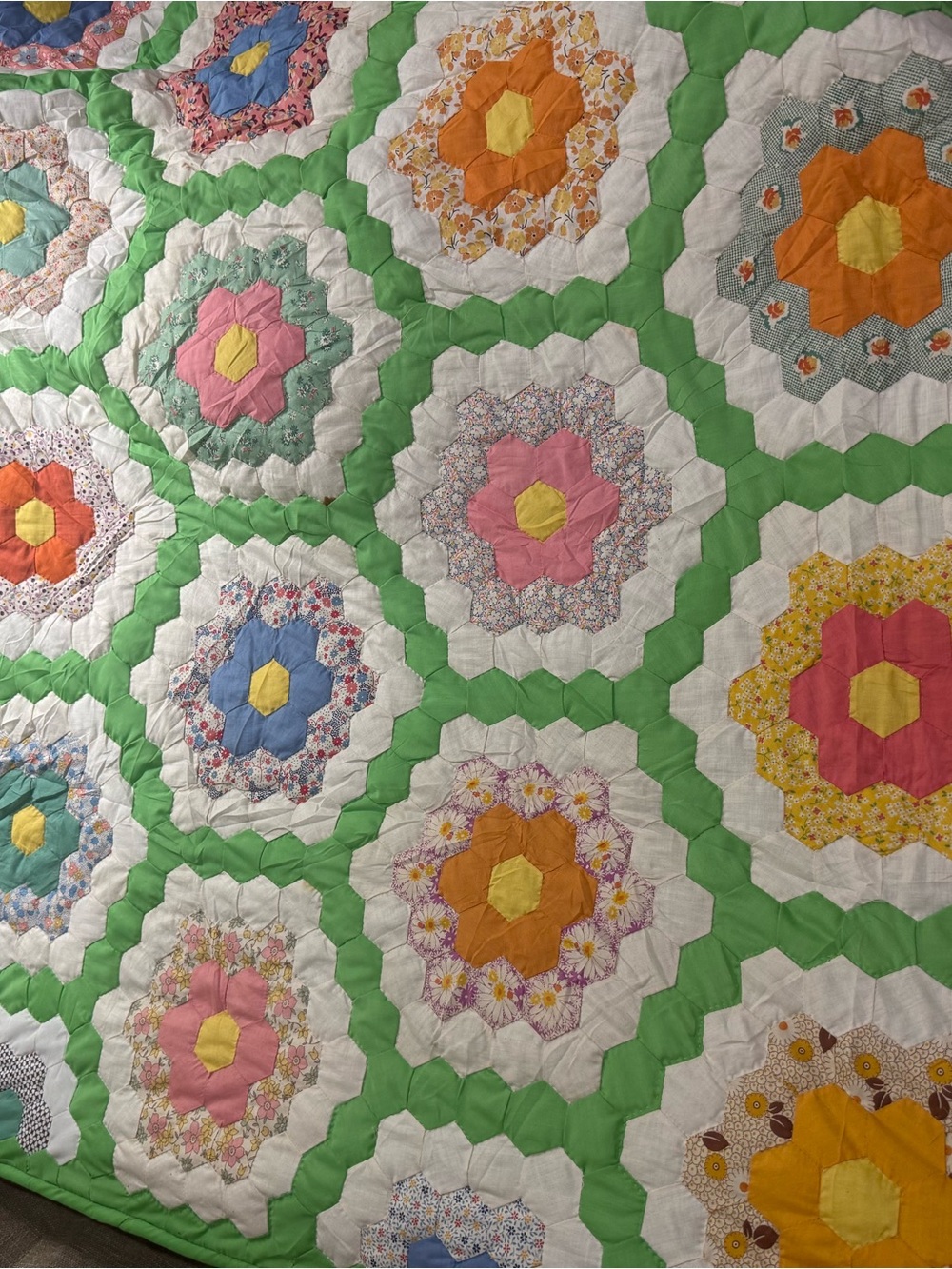 Grandmother's Flower Garden Quilt Handmade Grandma Vintage Queen 60x80
